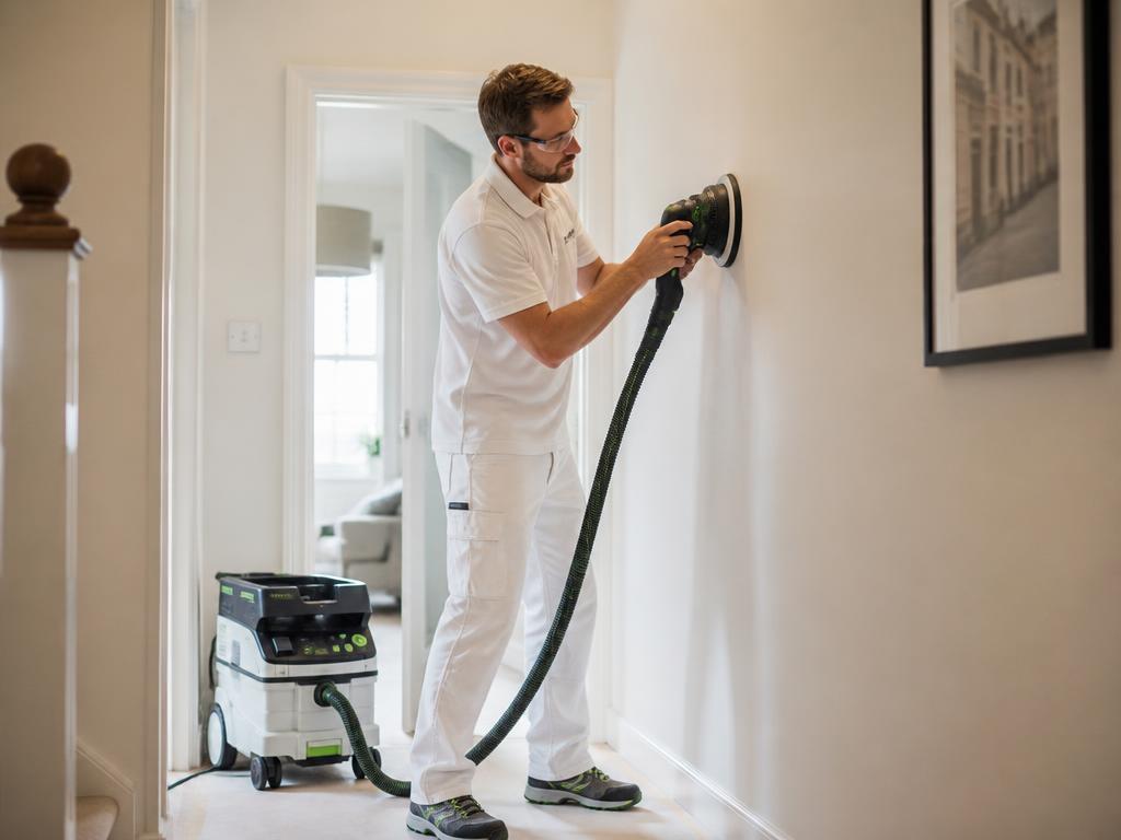 Decorator using a dustless sanding machine with HEPA extraction